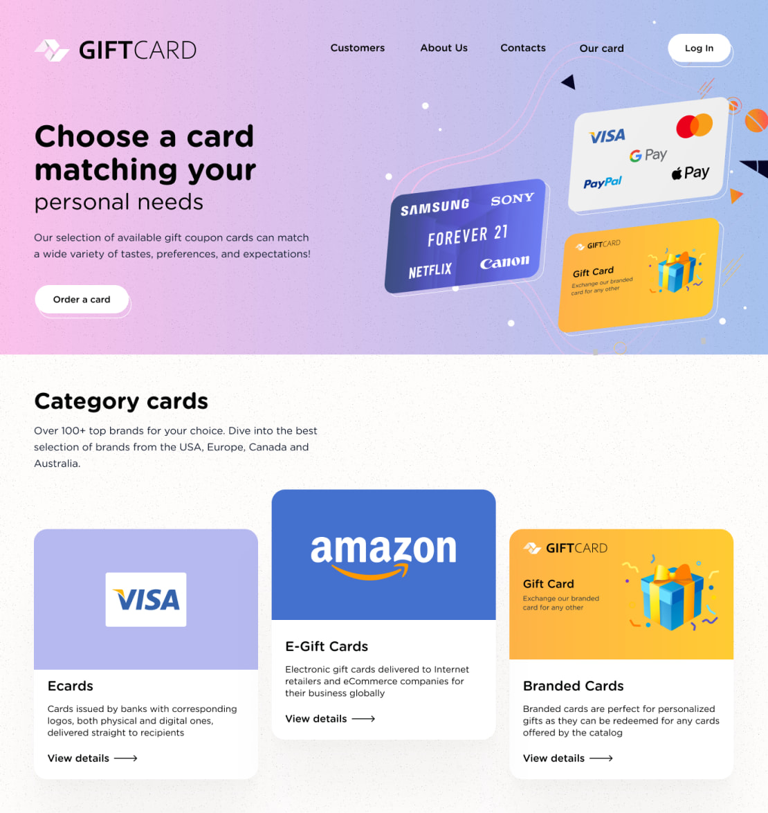 The platform's welcome page and card categories
