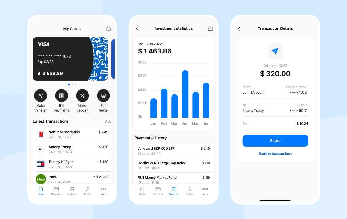 App screens with investment and transaction details
