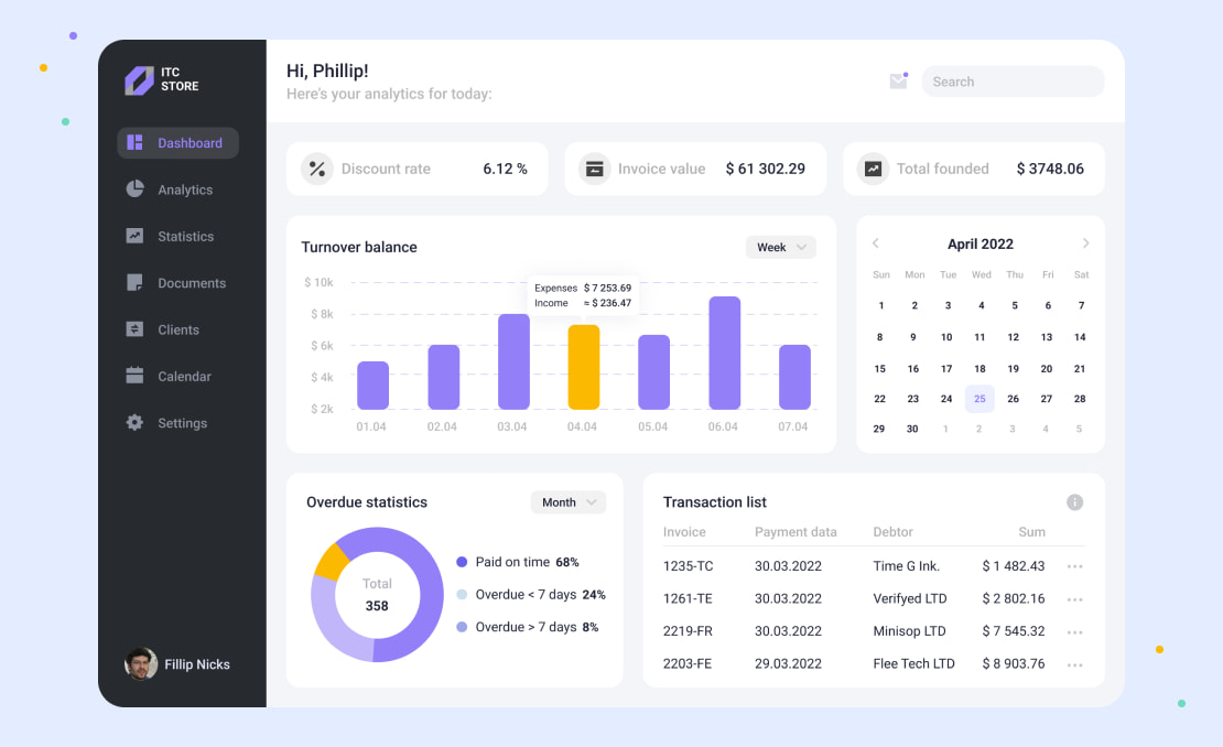 Dashboard with data and statistics