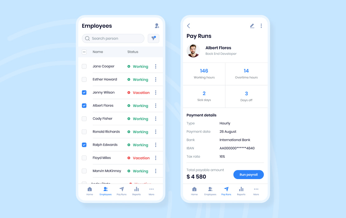 Employee list and a payroll example (mobile screens)