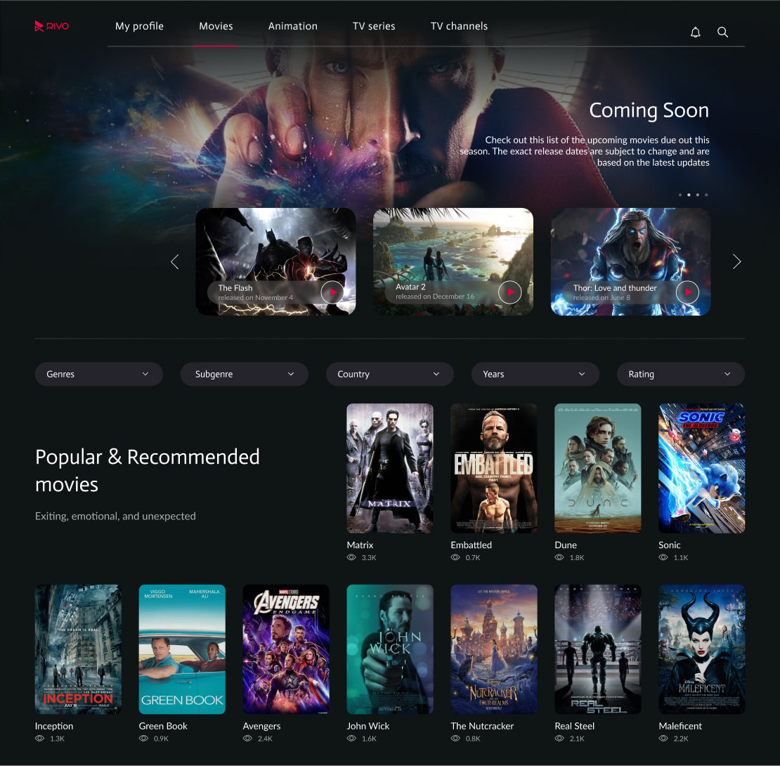 Page with upcoming movies and recommendations