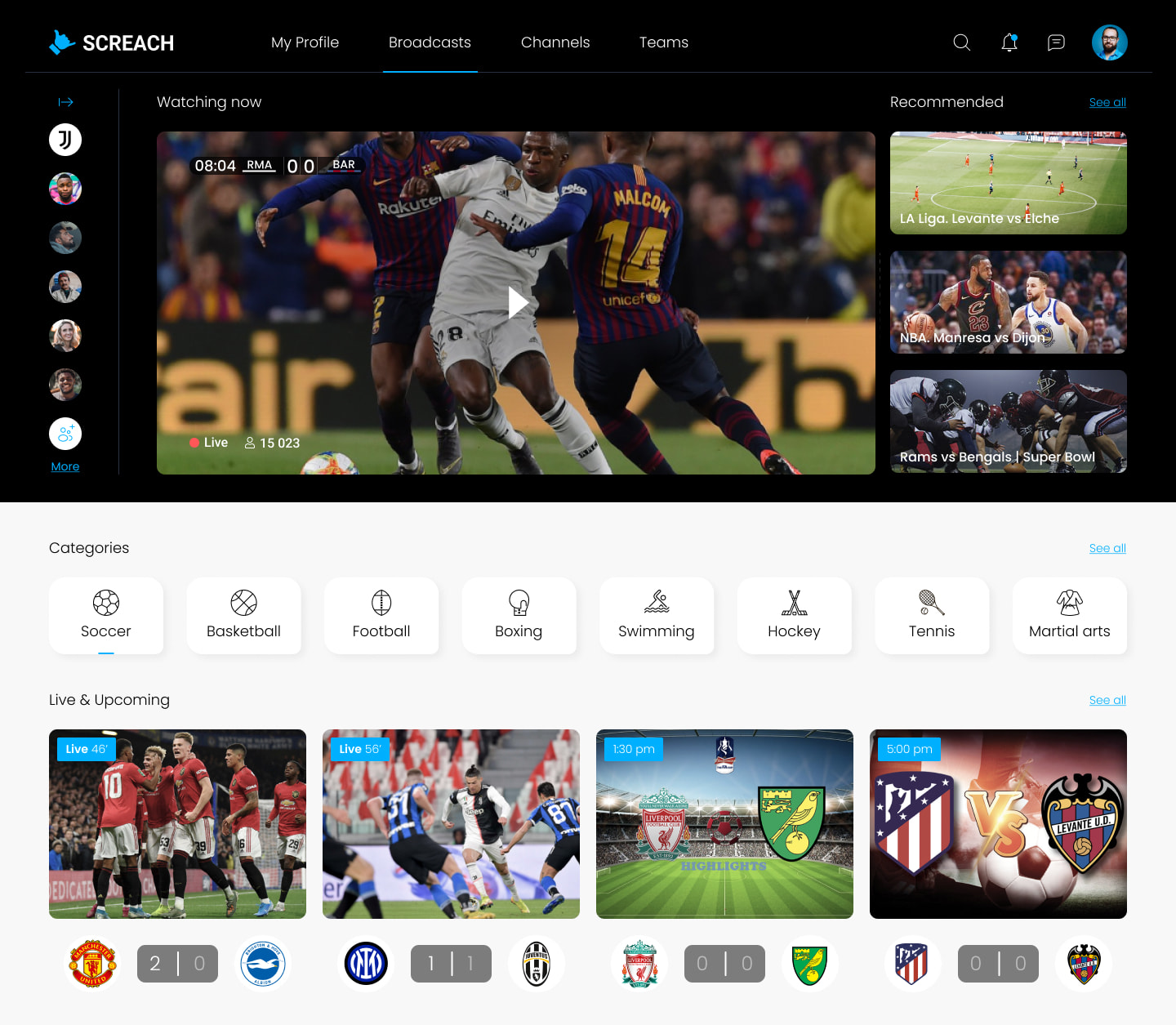 Tab with sports categories and recommended broadcasts