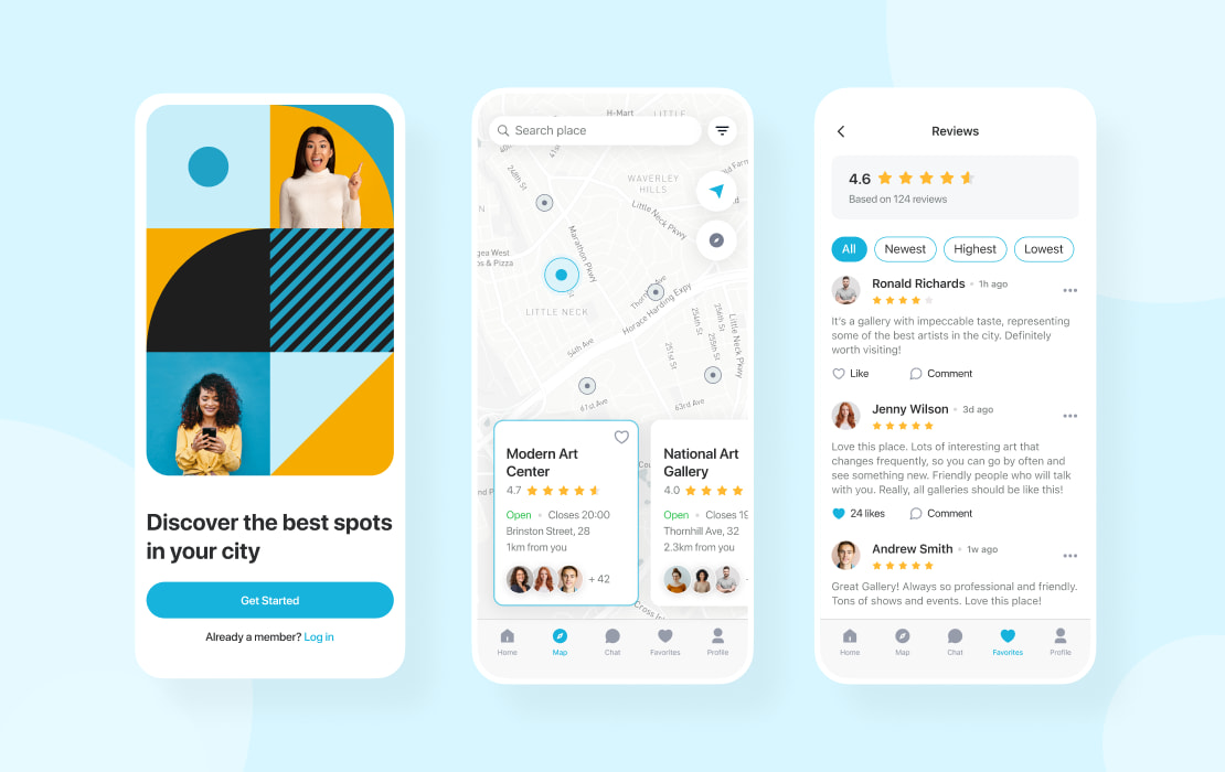 Start screen, the interactive map, and customer reviews