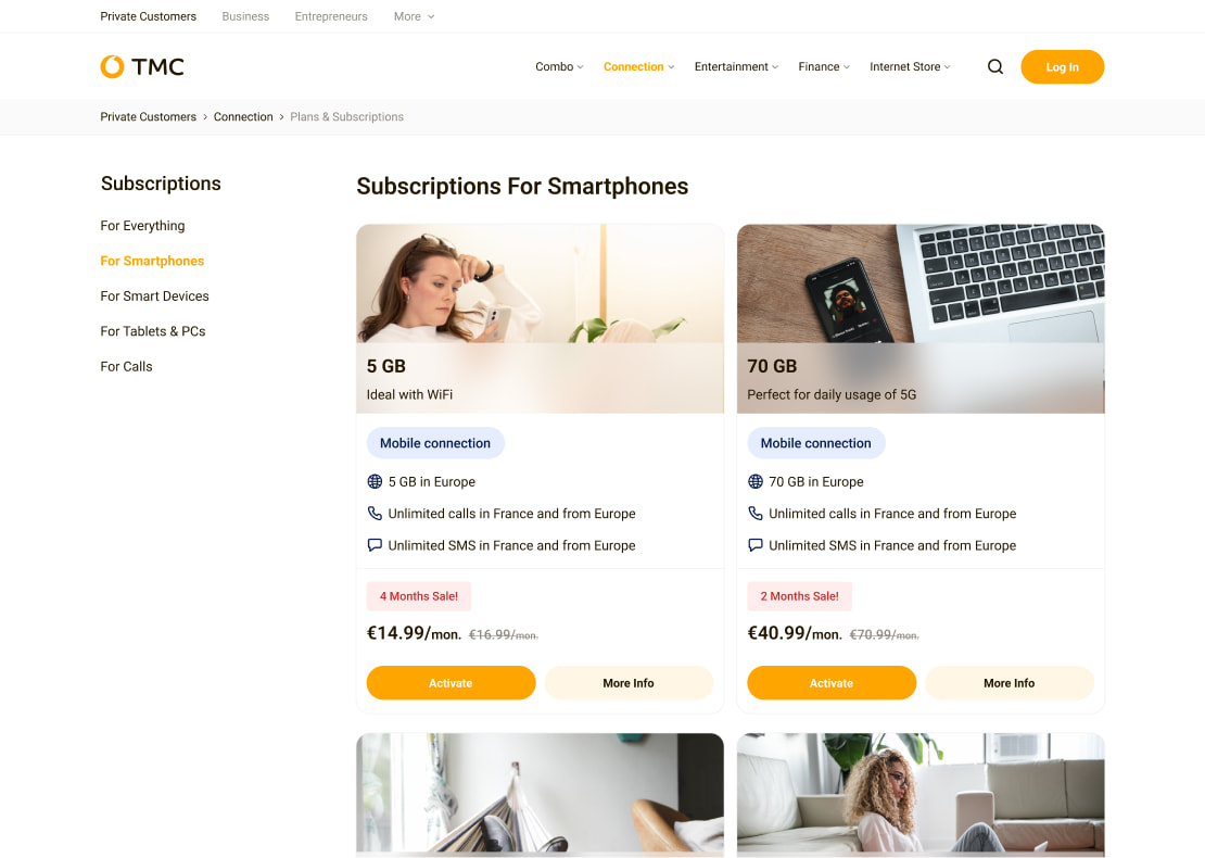 Page with subscriptions for smartphone packages