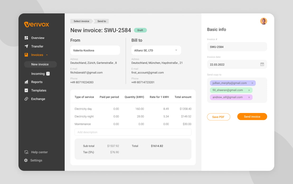 Customized invoice creation page