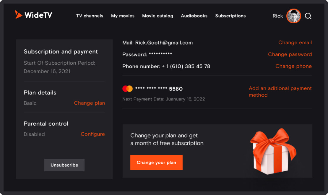 Subscription plan and payment card details